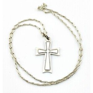 Vintage Sterling Silver Cross Pendant Necklace Paper Clip Chain 19" Signed 201VI